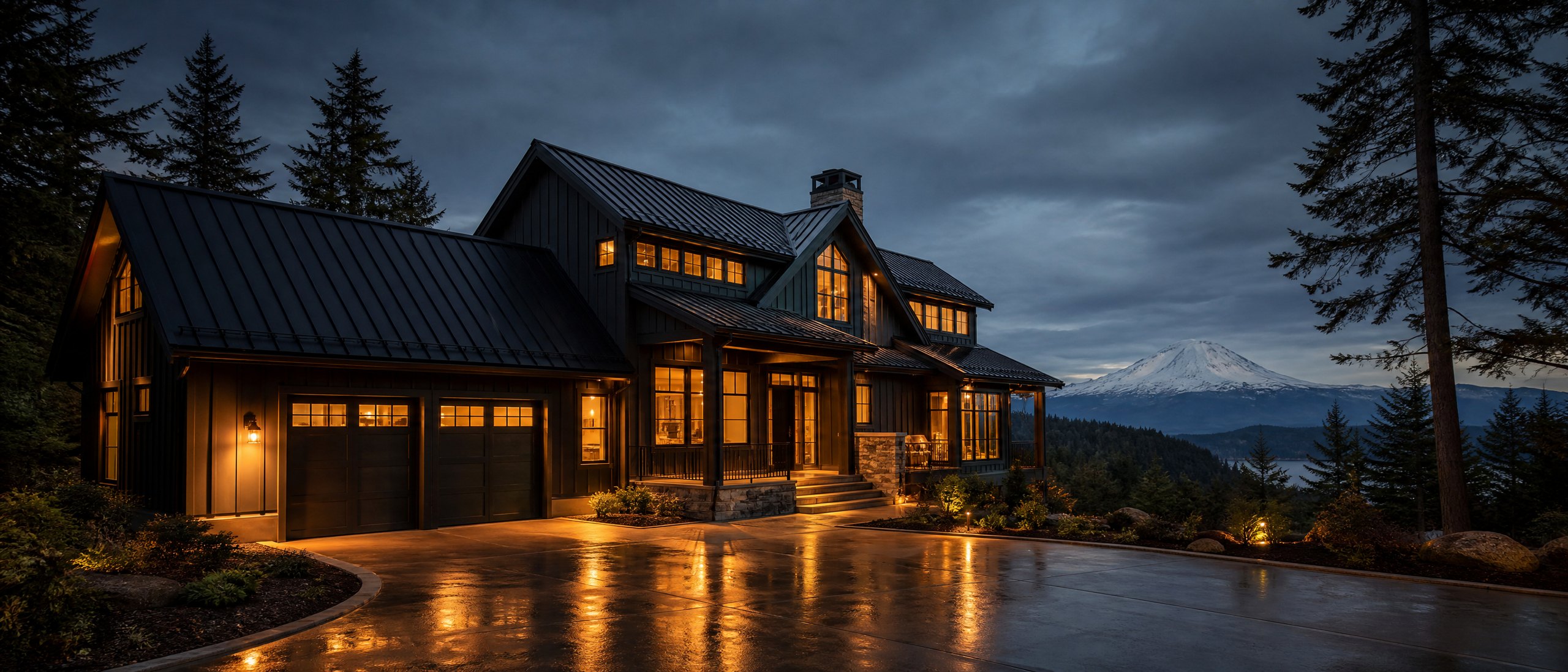 Modern home at dusk with Mount Rainier in the distance