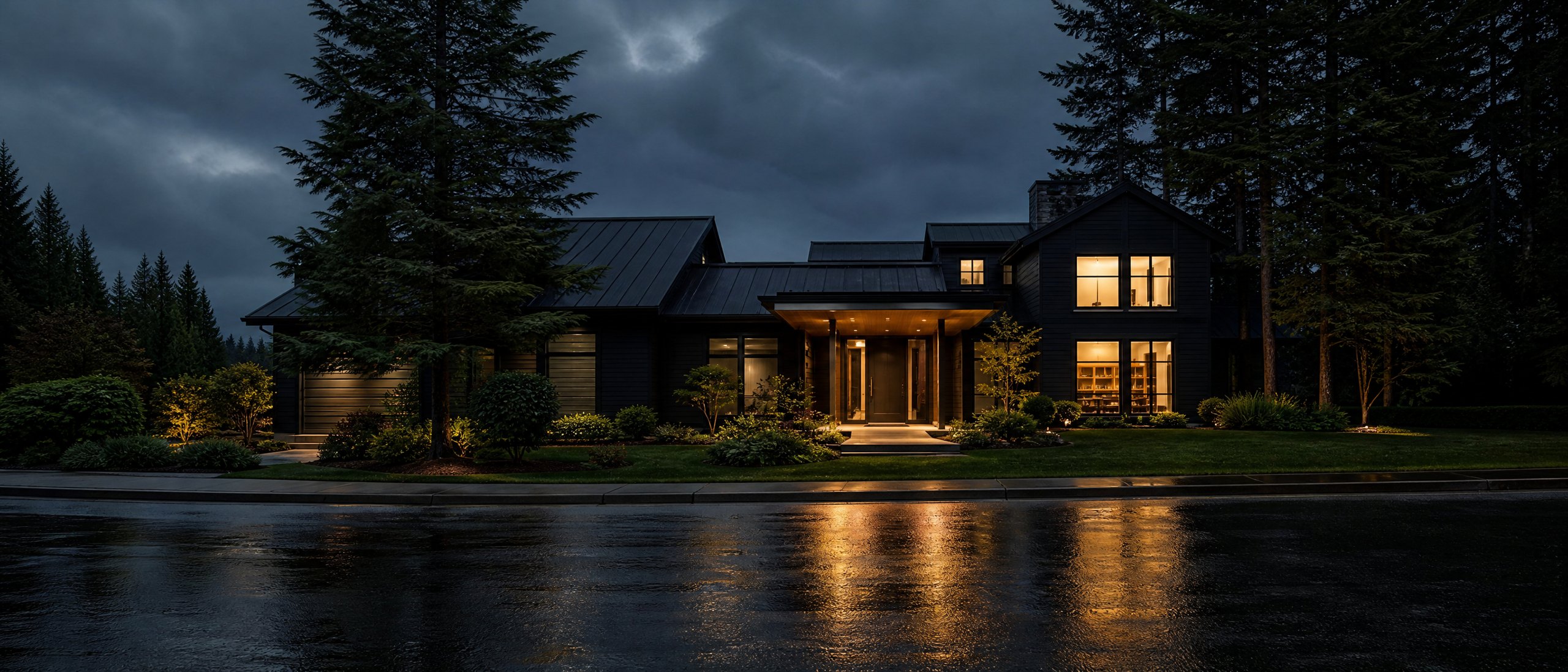 Modern home at dusk in Greater Seattle