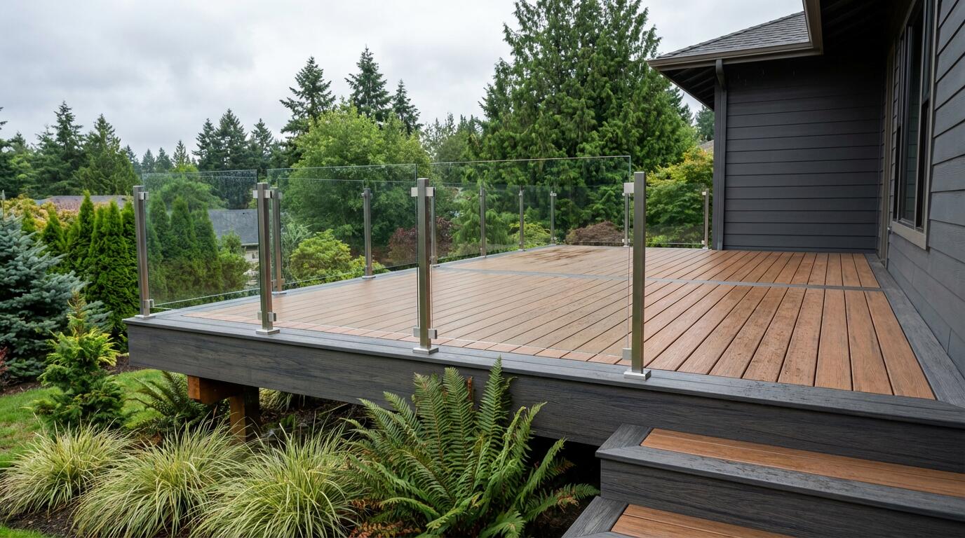 Custom two-tone composite deck with glass panel railings in Greater Seattle