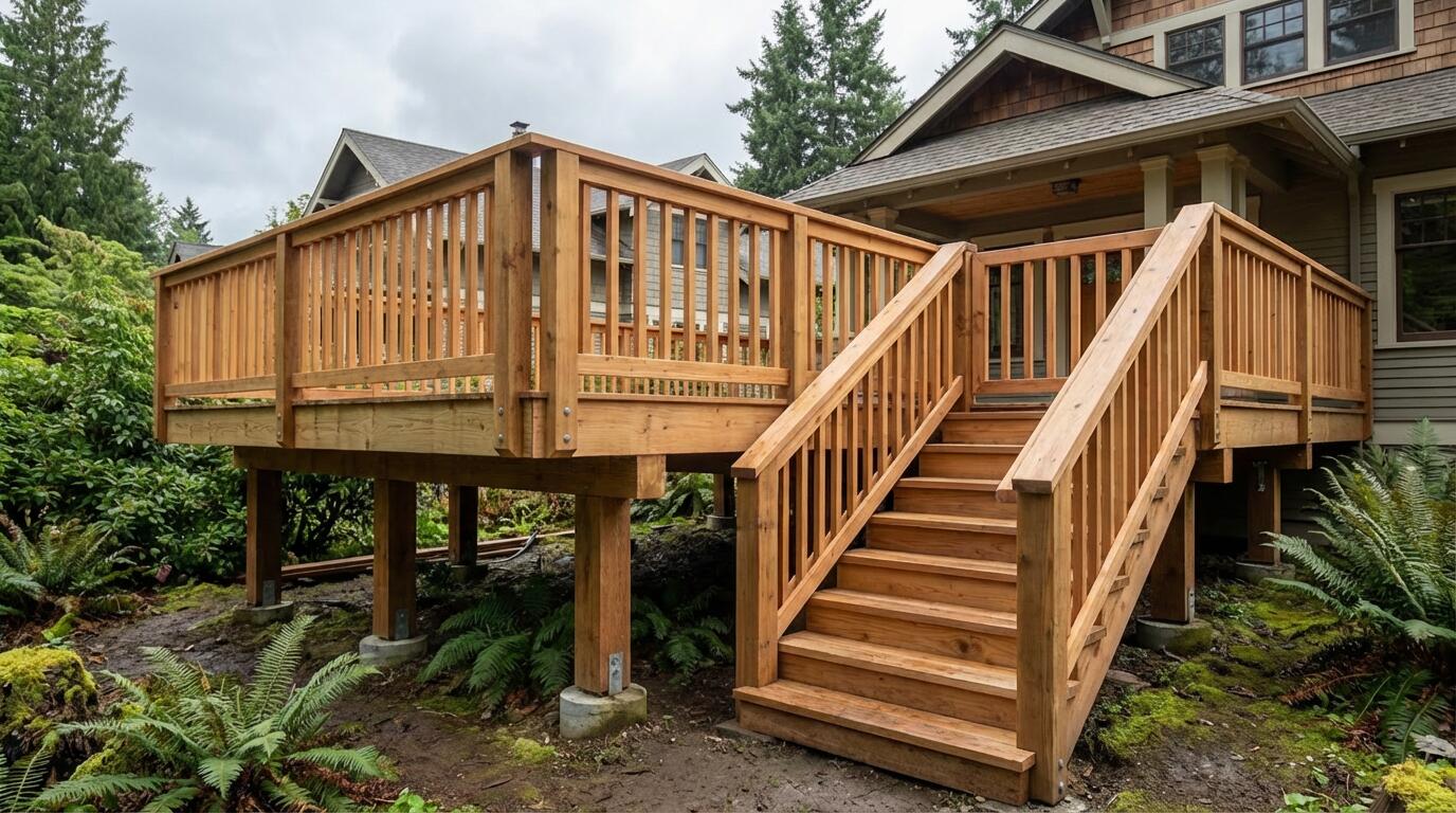 Elevated cedar deck with wide stairs