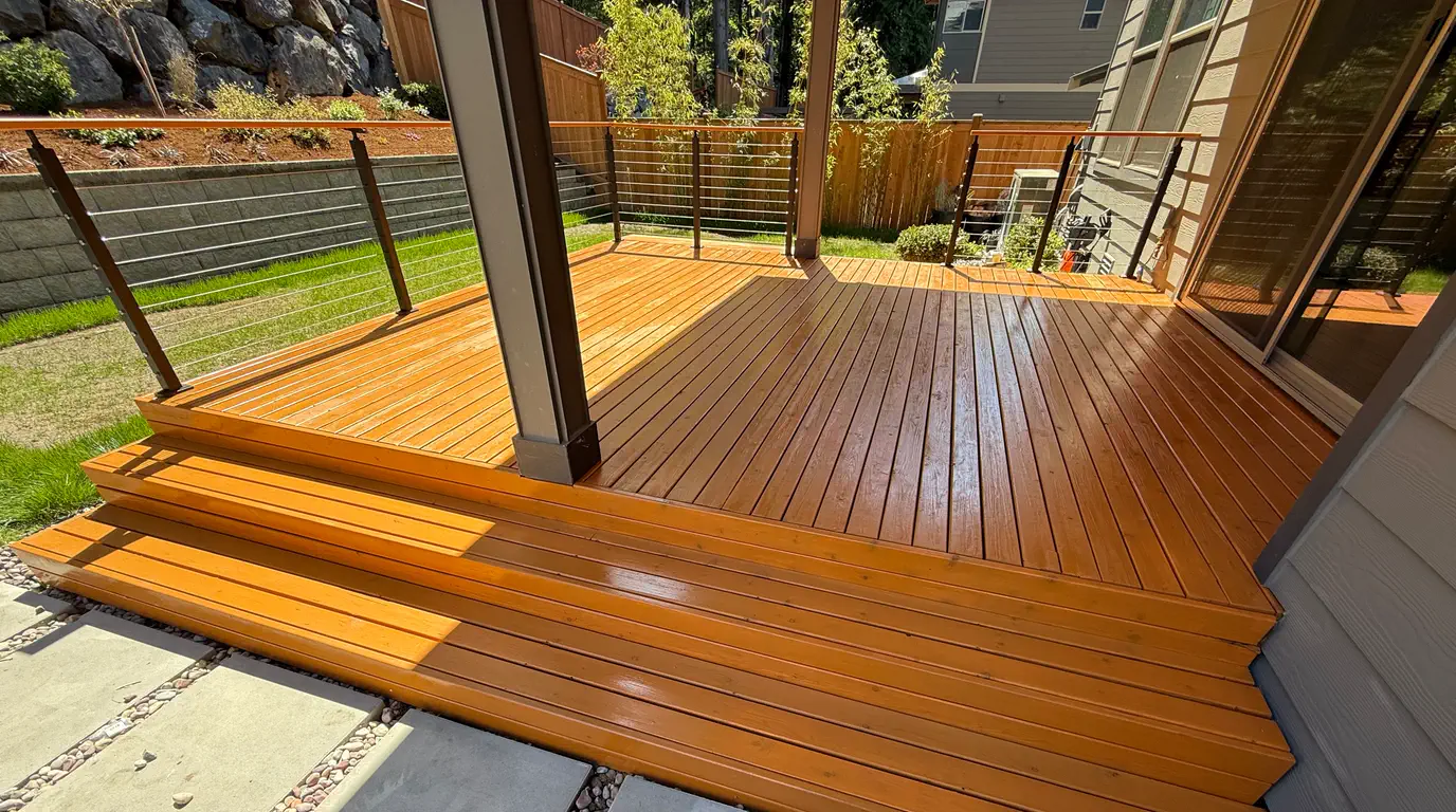 Custom covered cedar deck with stainless steel cable railings, cascading stairs, and paver patio in Sammamish, WA