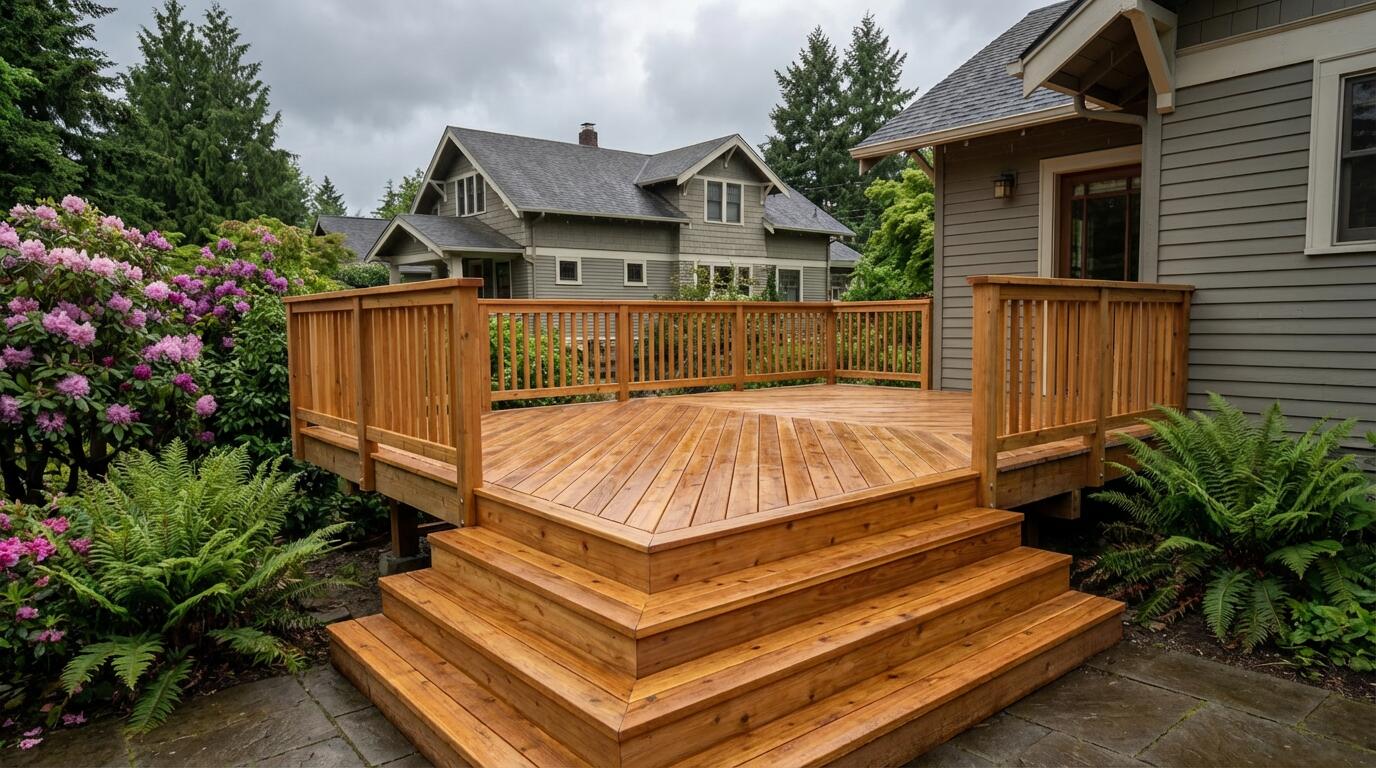 Custom cedar backyard deck with wrap-around stairs and diagonal planks in Bothell, WA