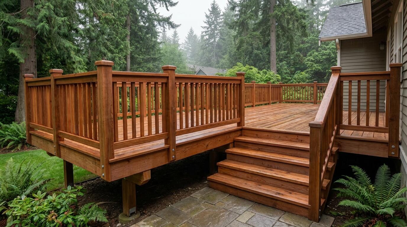 Custom elevated cedar platform deck with classic wood railings in Issaquah, WA