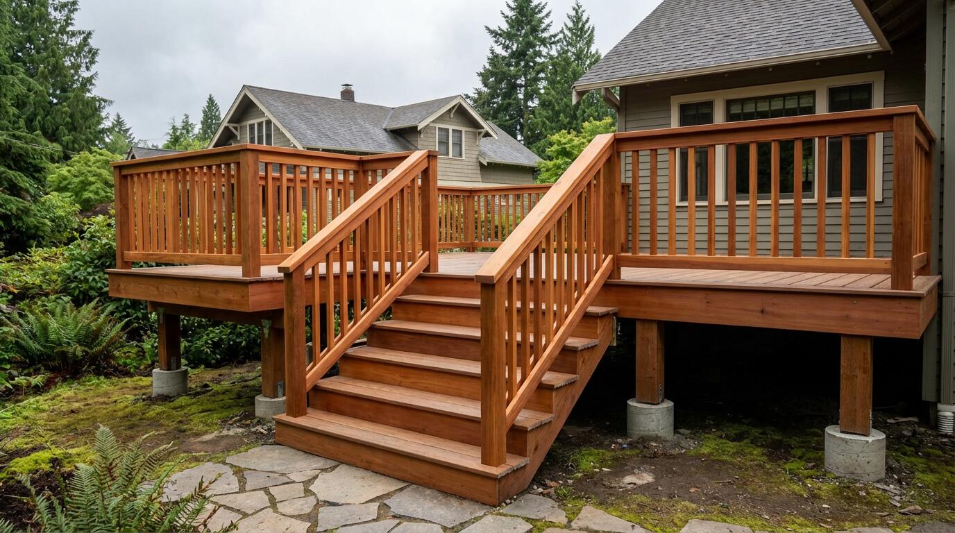 Custom elevated cedar deck with wood railings and stone walkway in Woodinville, WA