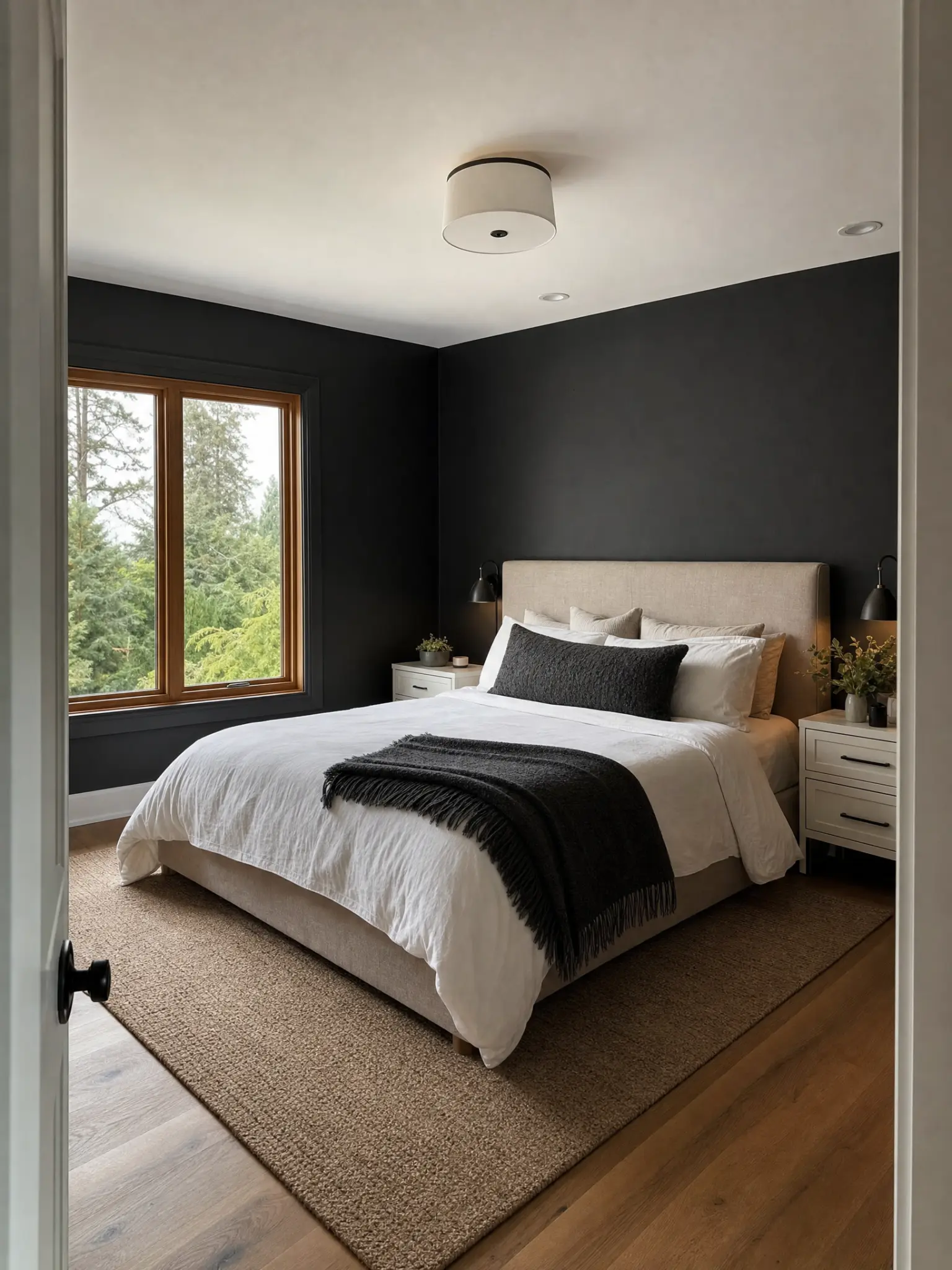 Interior master bedroom painting with charcoal accent walls and crisp white ceiling in Bellevue, WA